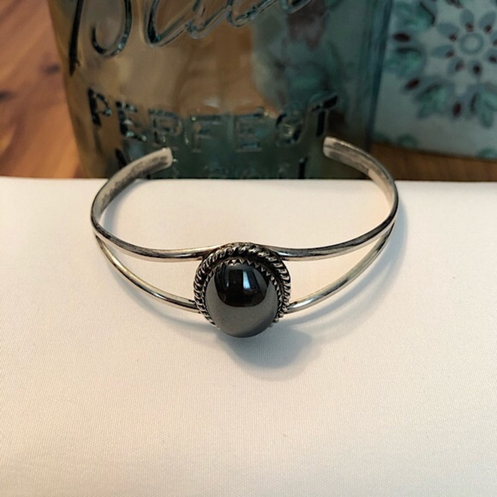 Hematite Sterling Cuff Bracelet Signed HB VNTG EUC